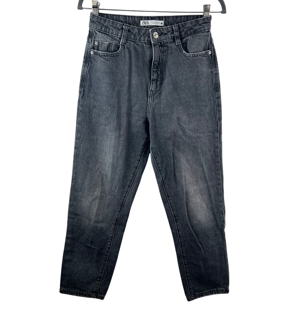 ZARA Black Gray Jeans Cotton Denim High-Rise Dark Wash Straight Leg Zip Fly 36 4